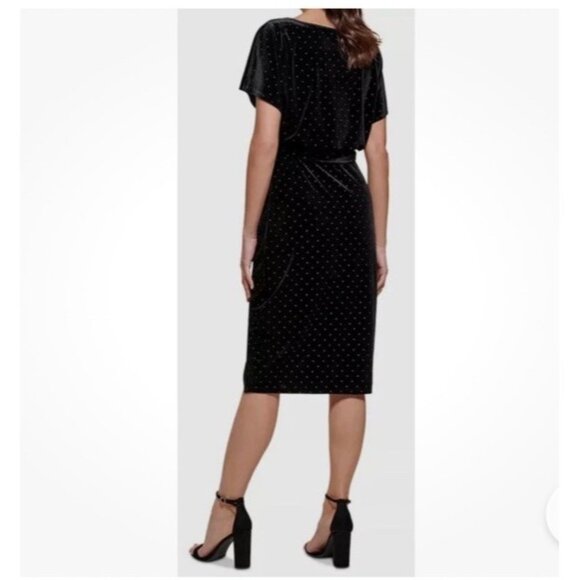 KENSIE Size Large Black Velvet Belted Short Sleeve Sheath Cocktail Event Dress - Picture 2 of 8